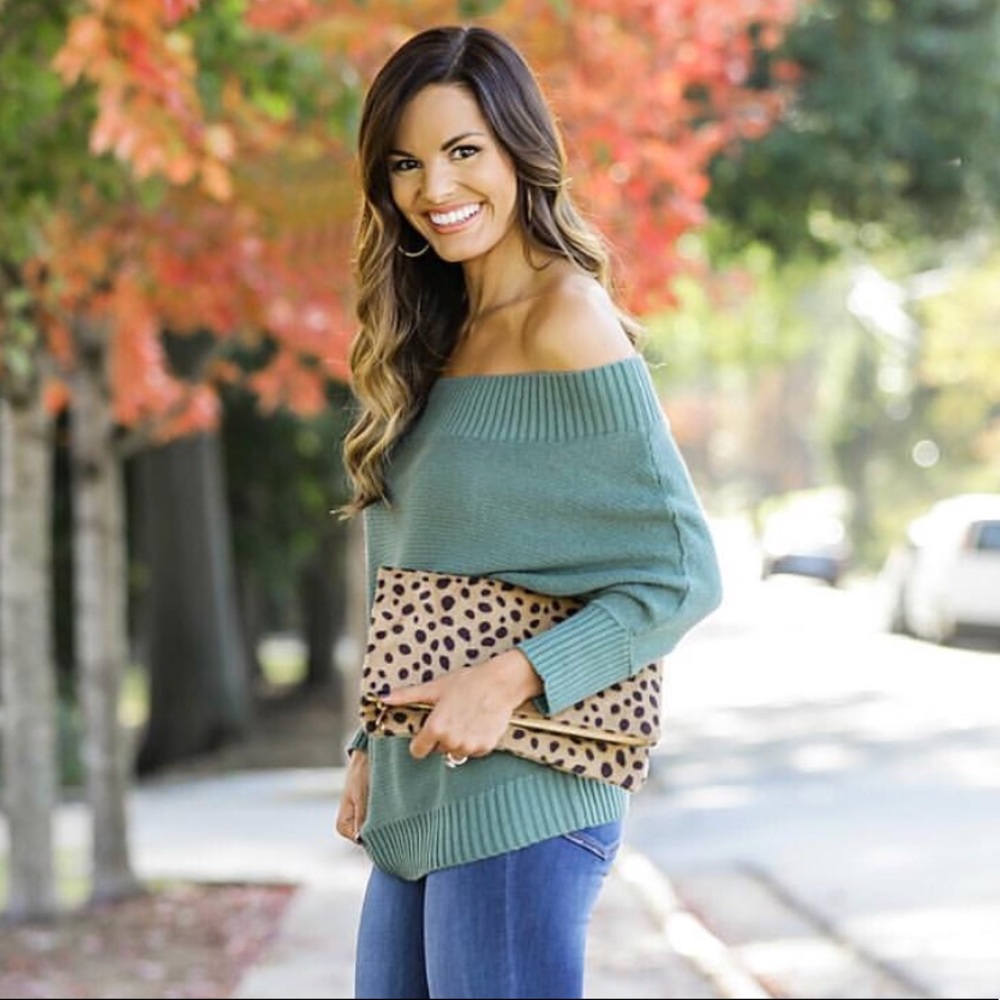Off the shoulder green sweater!